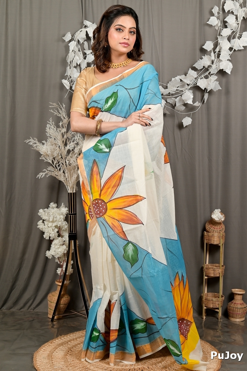 Multi-Coloured Pure Cotton Hataka Hand Painted Saree (9100)
