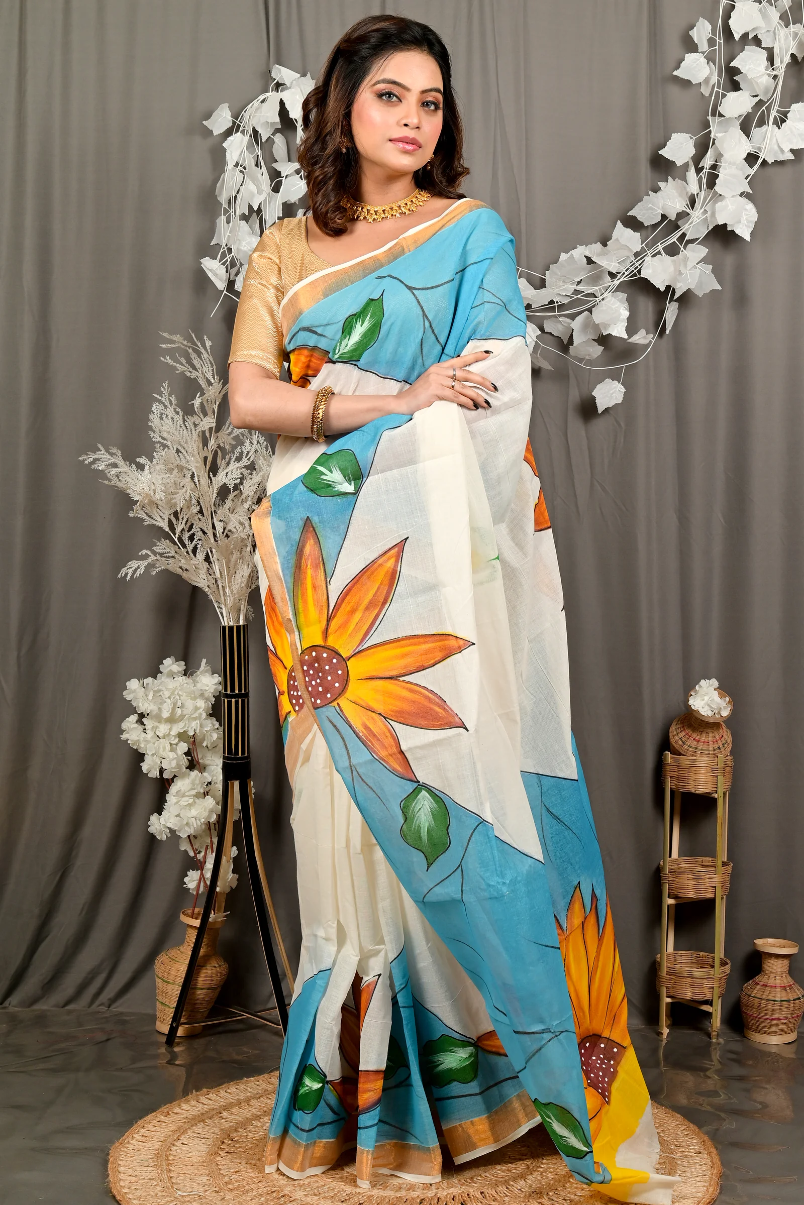 Multi-Coloured Pure Cotton Hataka Hand Painted Saree (9100)