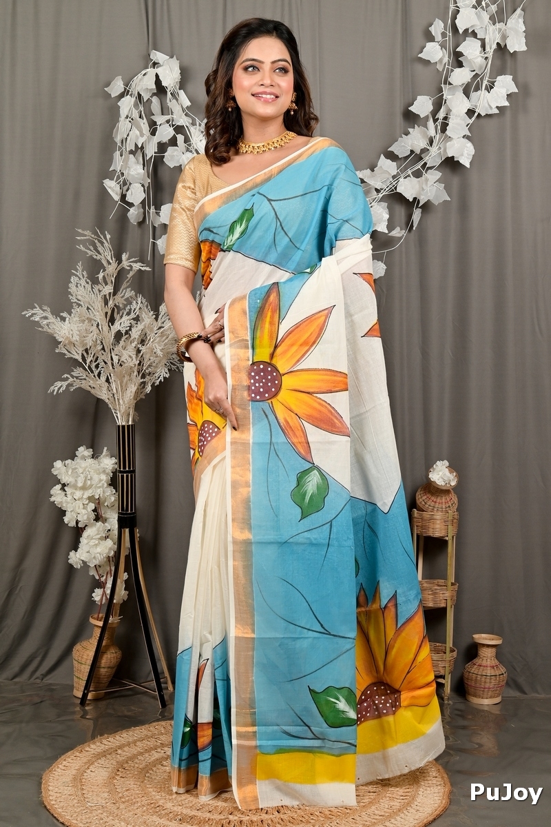 Multi-Coloured Pure Cotton Hataka Hand Painted Saree (9100)