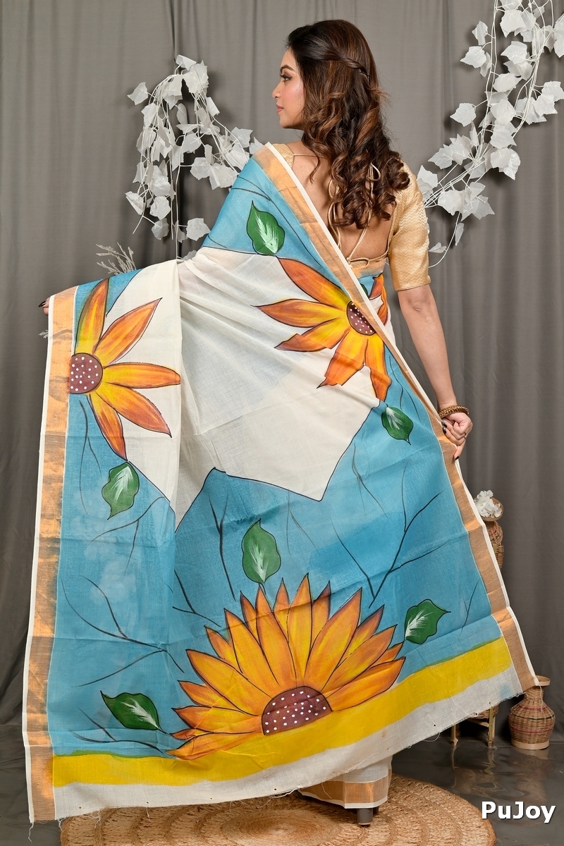 Multi-Coloured Pure Cotton Hataka Hand Painted Saree (9100)