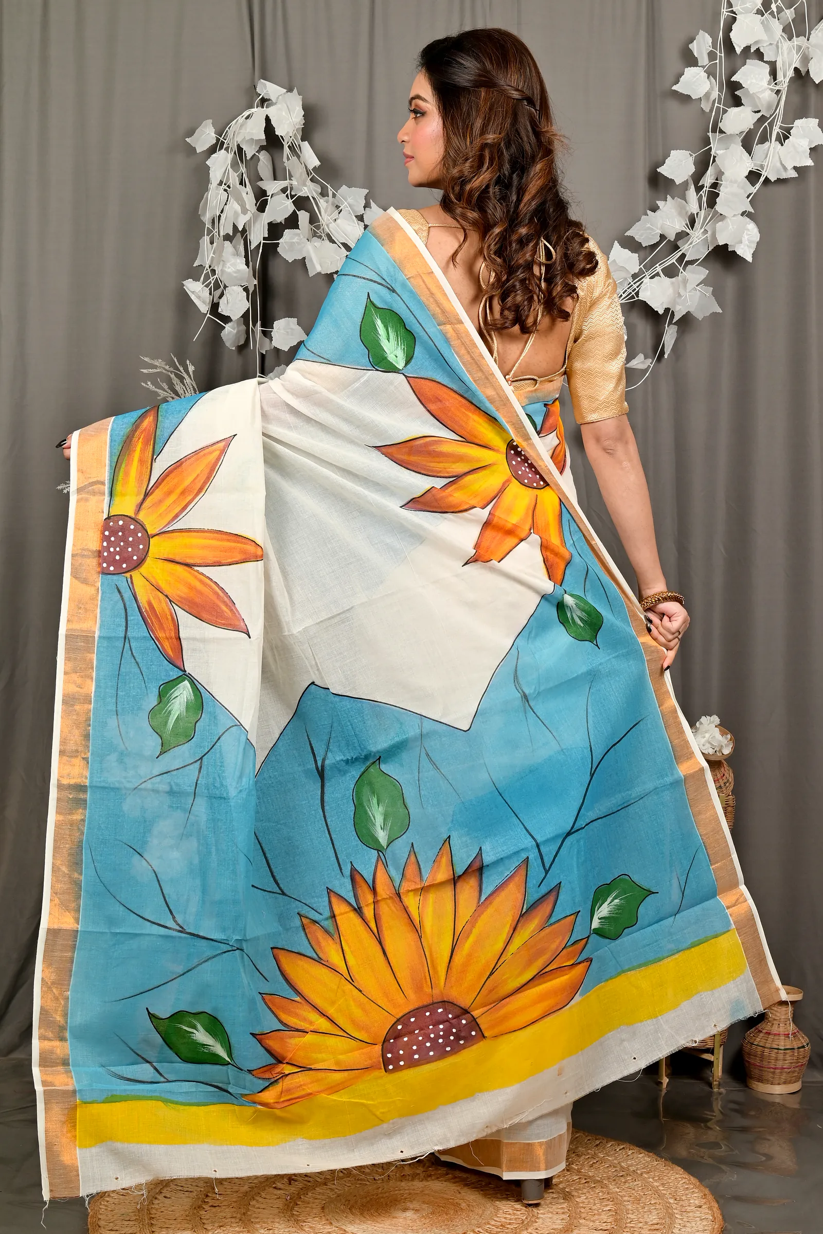 Multi-Coloured Pure Cotton Hataka Hand Painted Saree (9100)