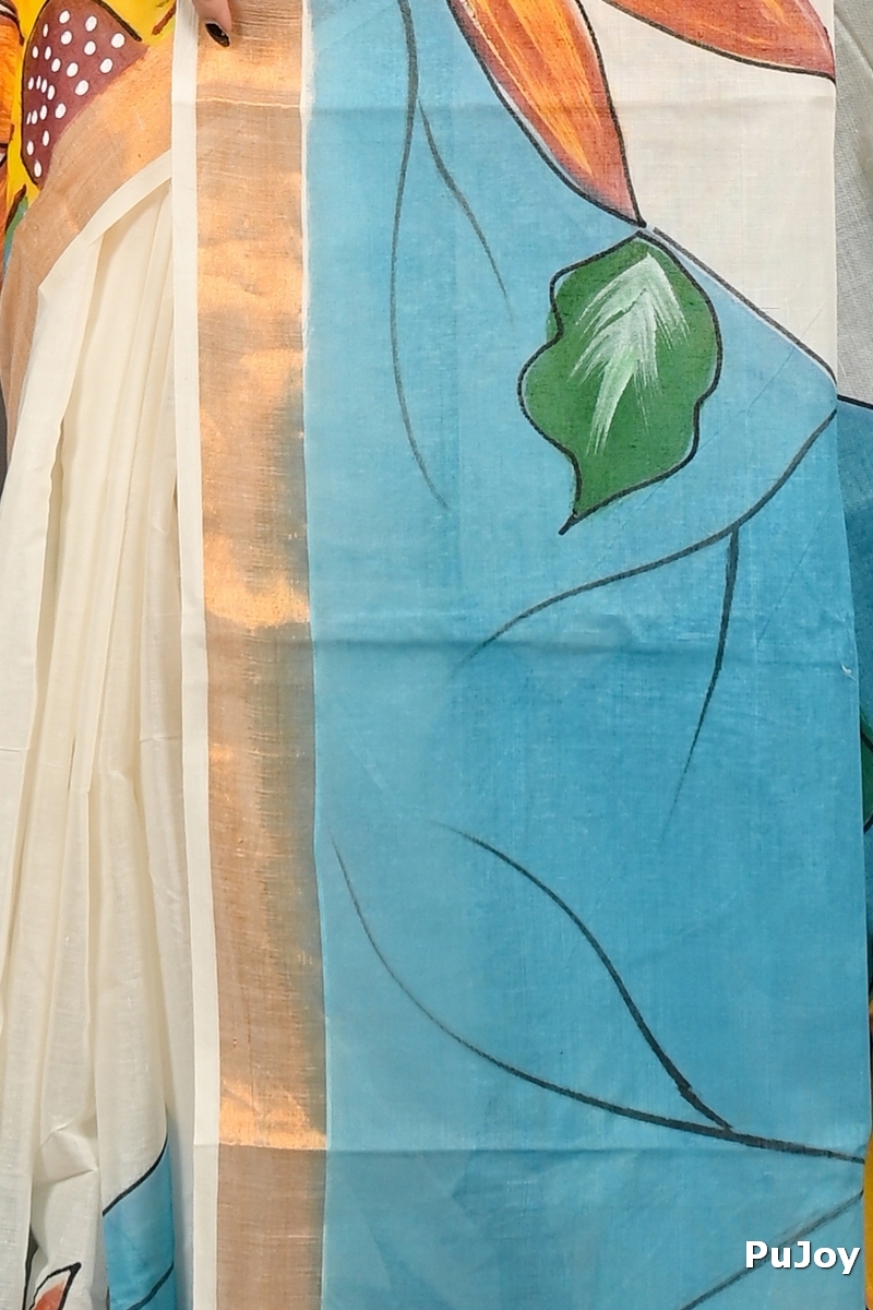 Multi-Coloured Pure Cotton Hataka Hand Painted Saree (9100)