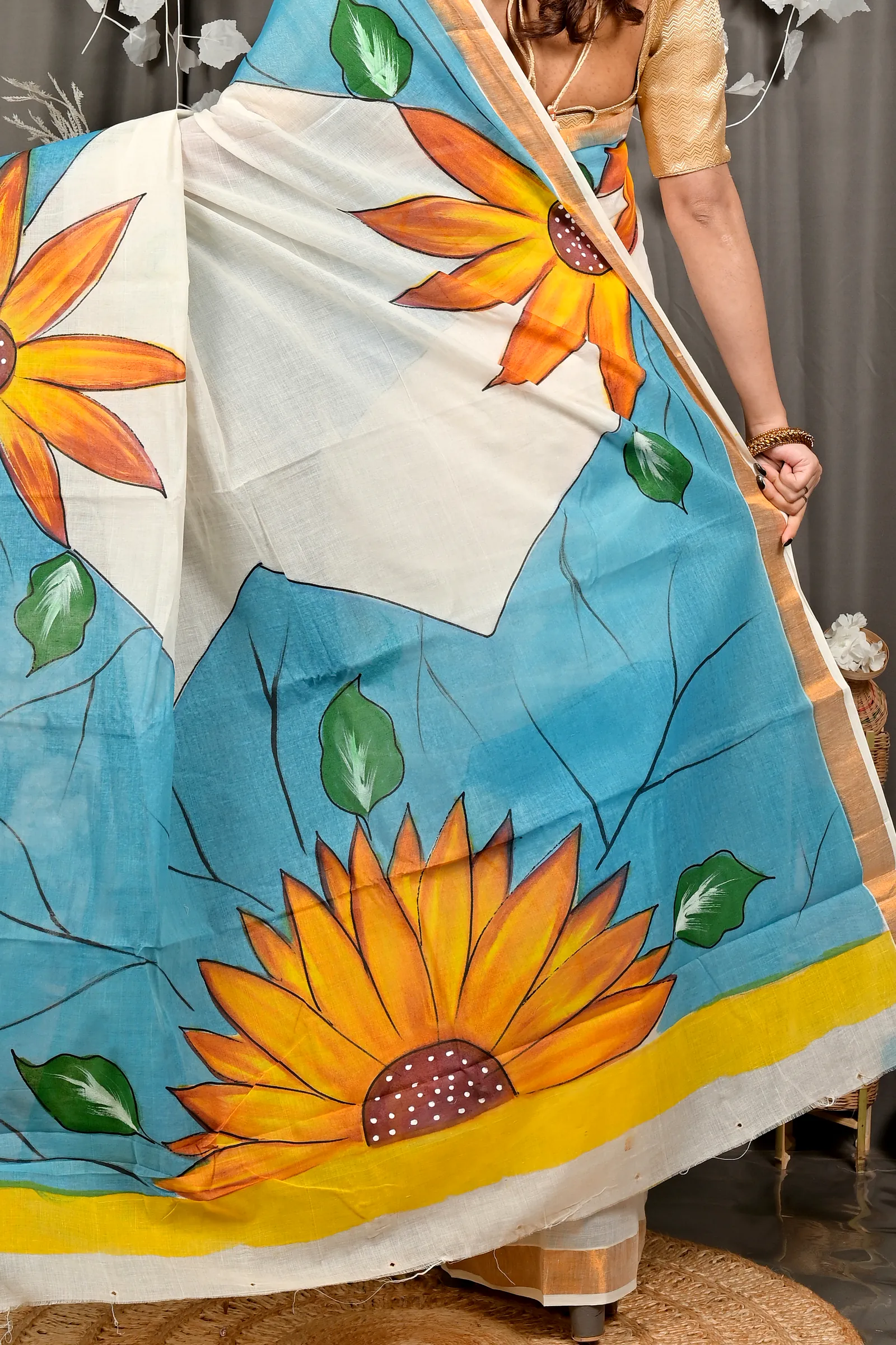 Multi-Coloured Pure Cotton Hataka Hand Painted Saree (9100)