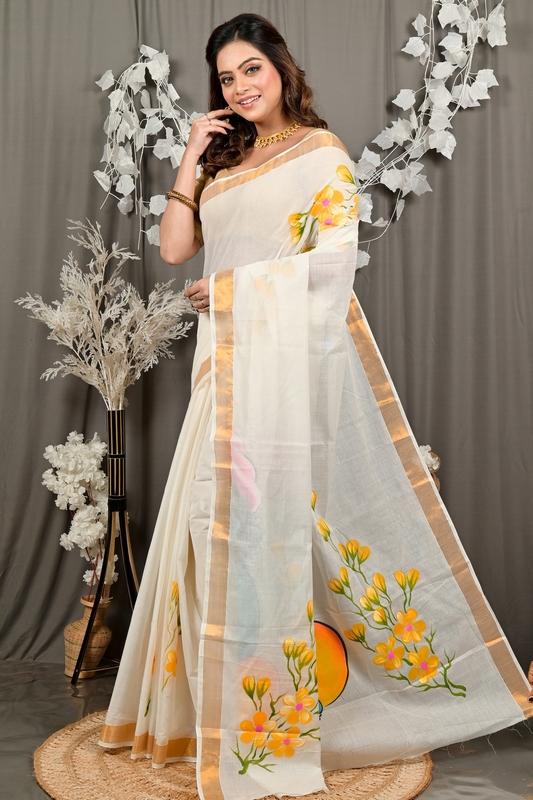 Multi-Coloured Pure Cotton Hataka Hand Painted Saree (9101)