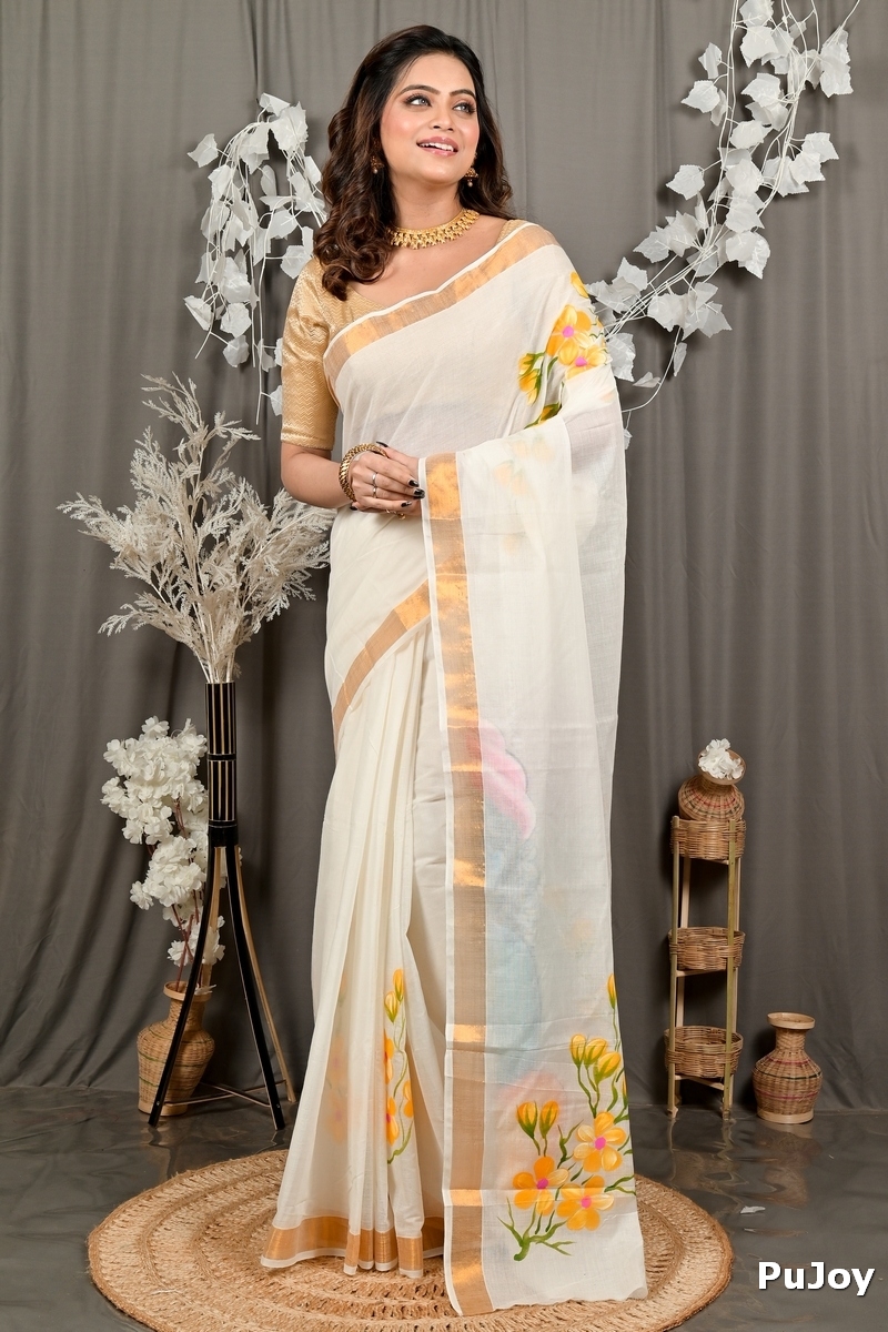 Multi-Coloured Pure Cotton Hataka Hand Painted Saree (9101)