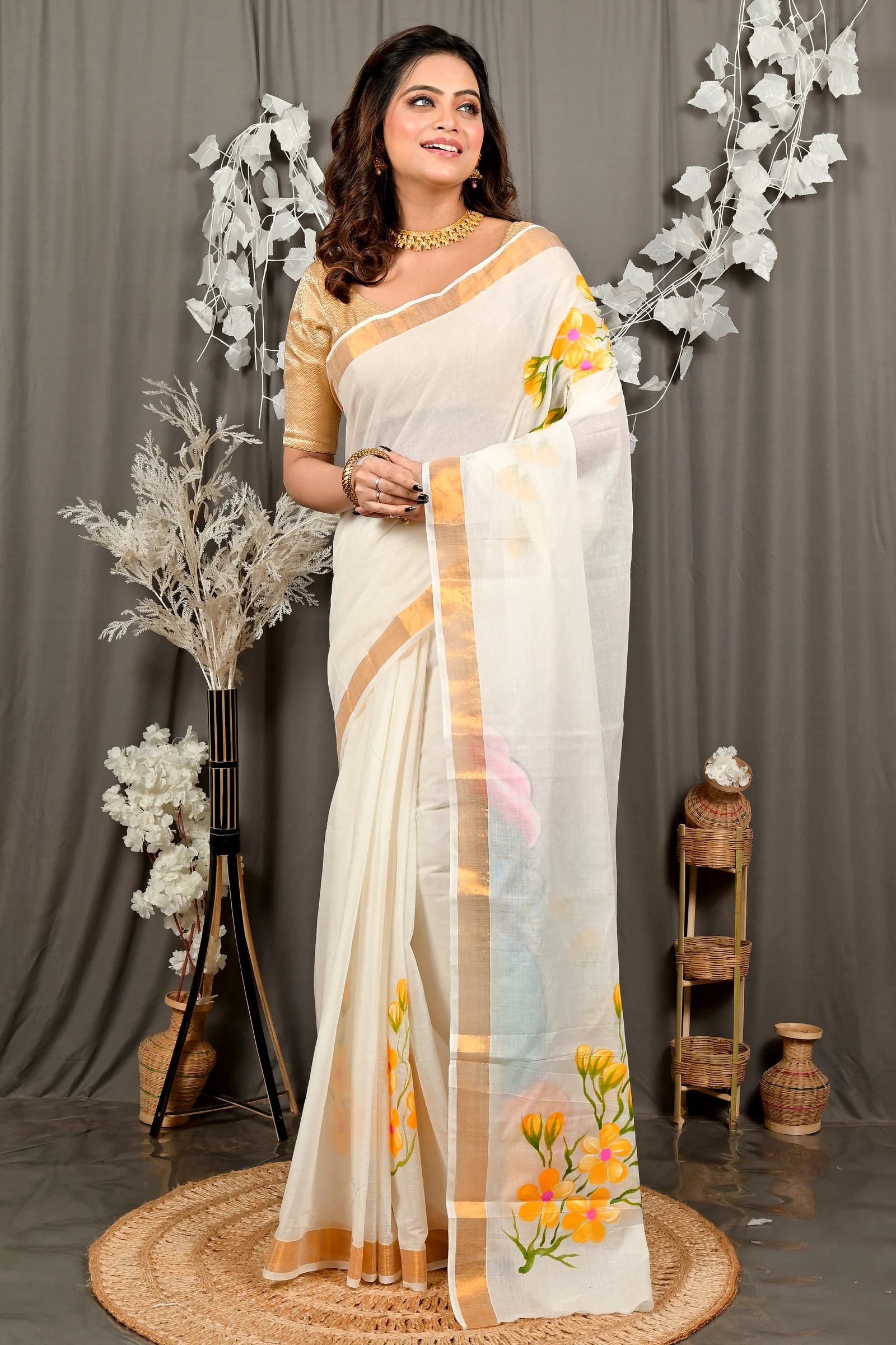 Multi-Coloured Pure Cotton Hataka Hand Painted Saree (9101)
