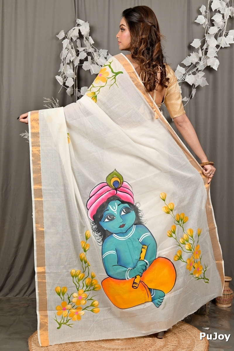 Multi-Coloured Pure Cotton Hataka Hand Painted Saree (9101)