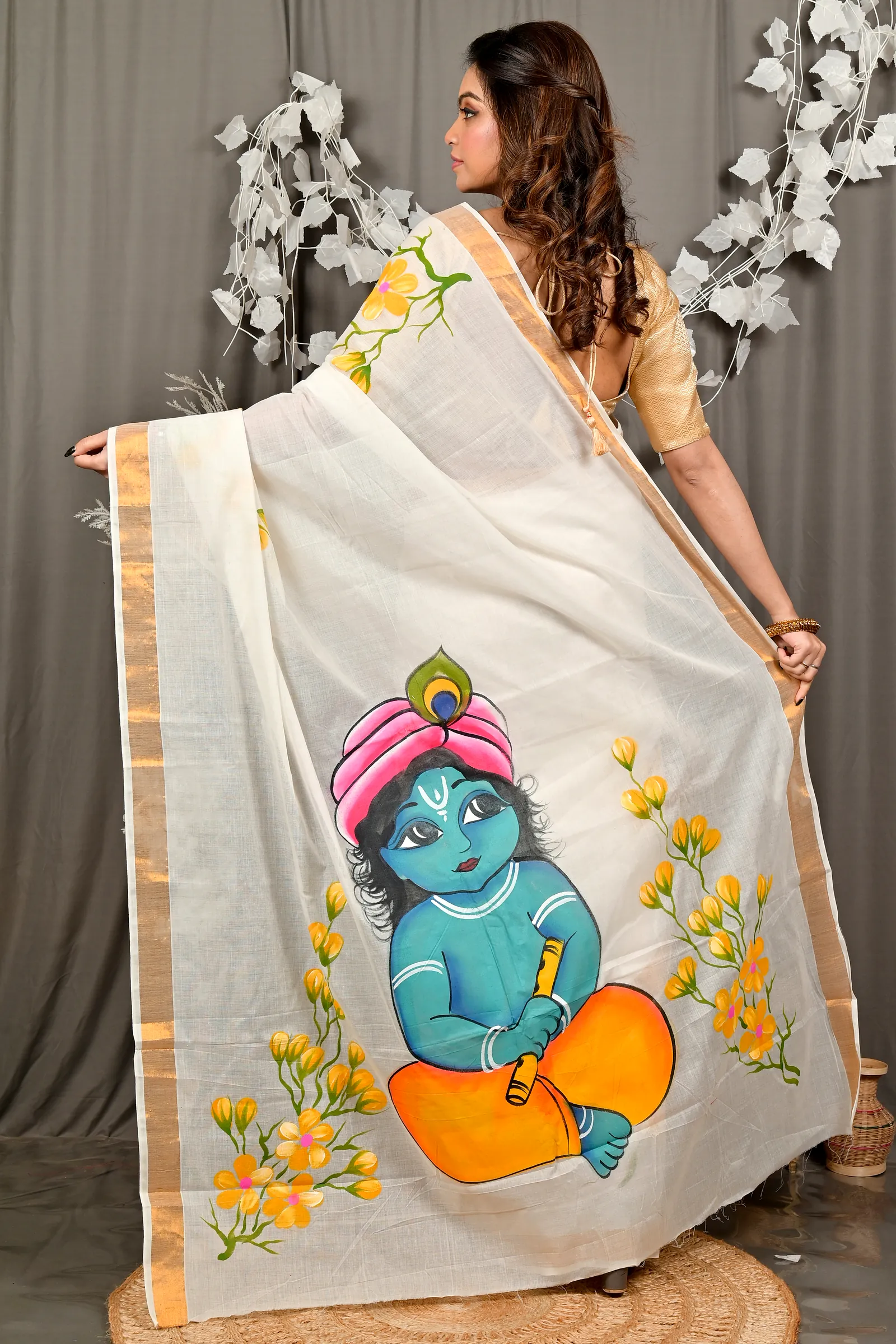 Multi-Coloured Pure Cotton Hataka Hand Painted Saree (9101)