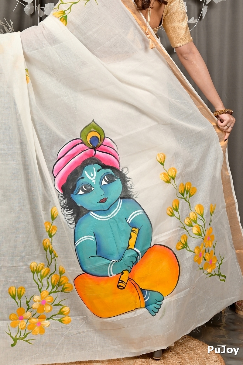 Multi-Coloured Pure Cotton Hataka Hand Painted Saree (9101)