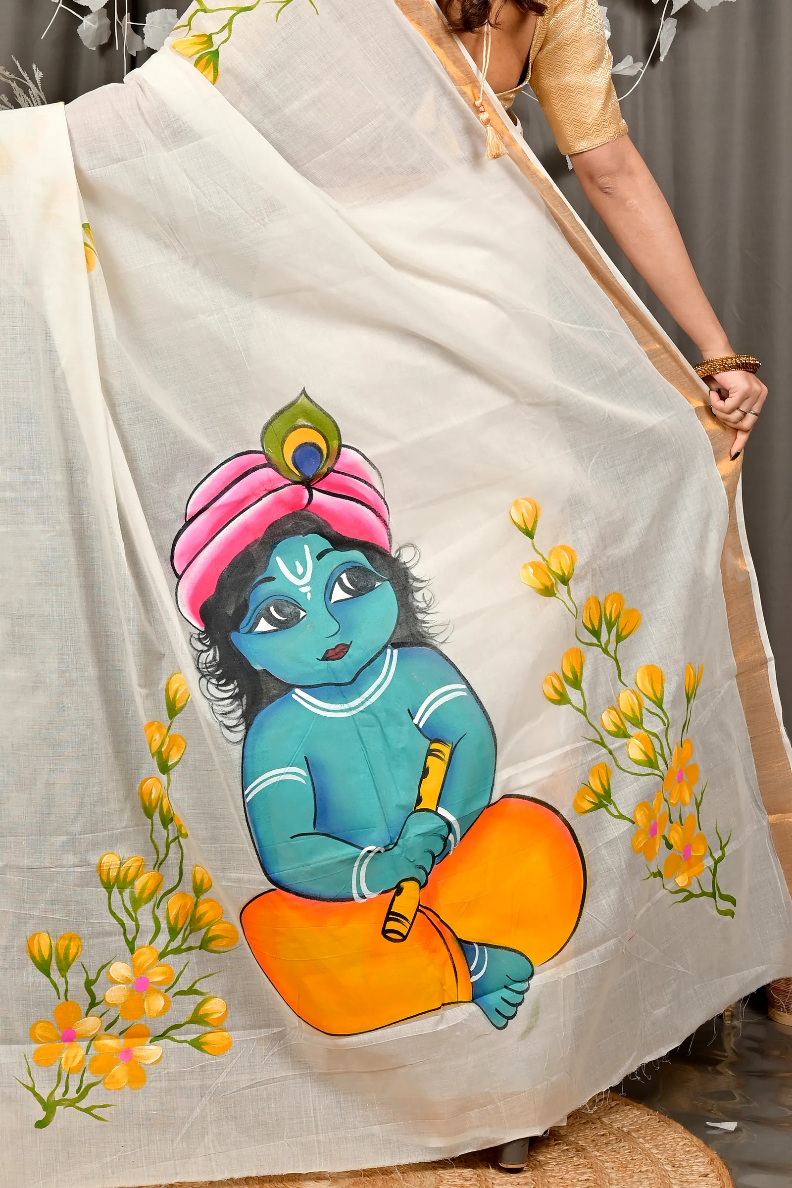 Multi-Coloured Pure Cotton Hataka Hand Painted Saree (9101)