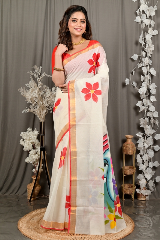 Multi-Coloured Pure Cotton Hataka Hand Painted Saree (9102)