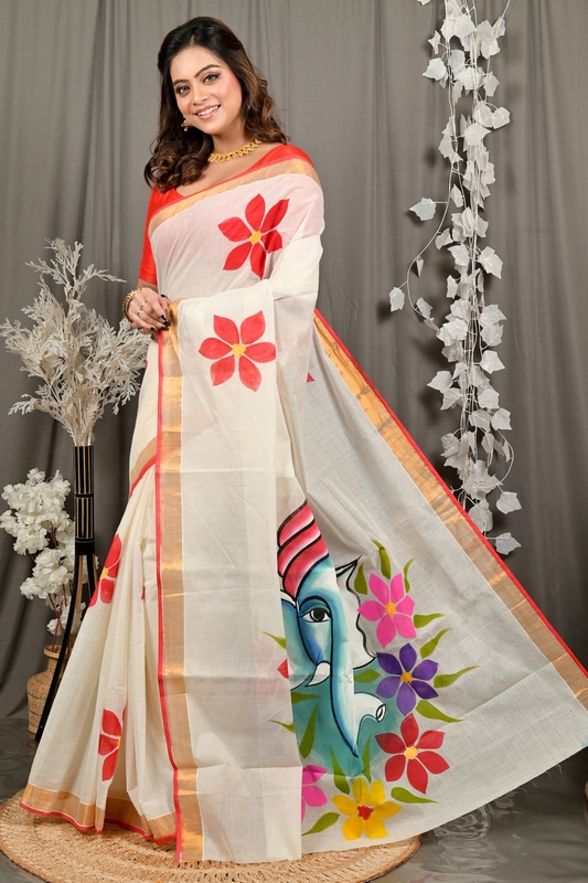 Multi-Coloured Pure Cotton Hataka Hand Painted Saree (9102)