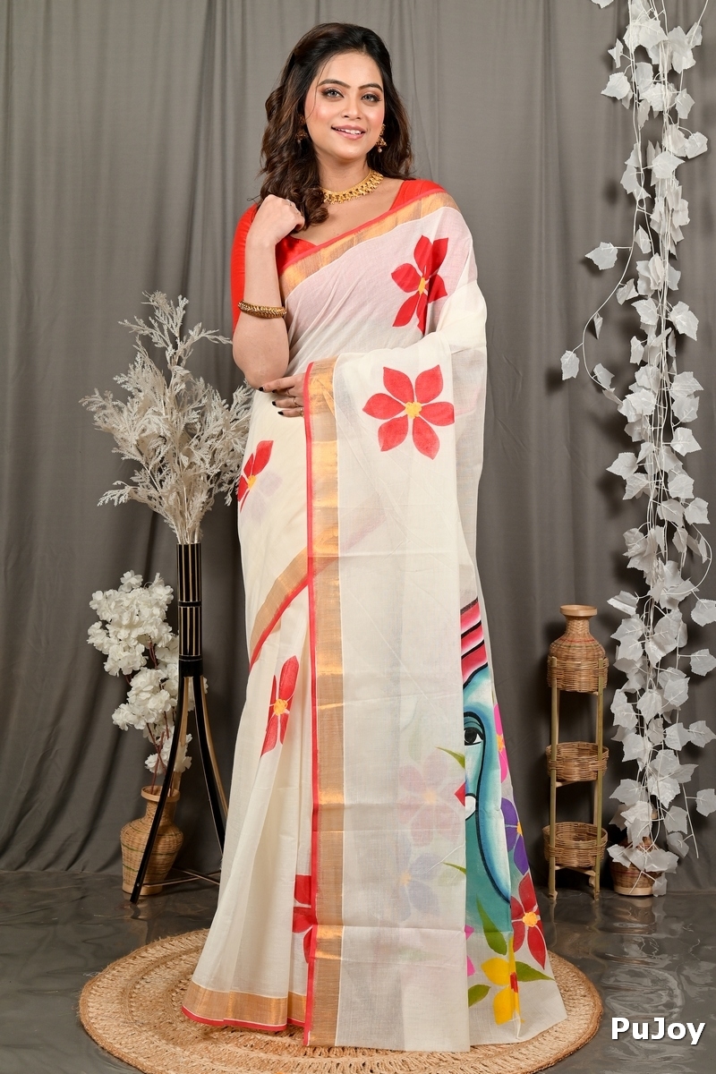 Multi-Coloured Pure Cotton Hataka Hand Painted Saree (9102)