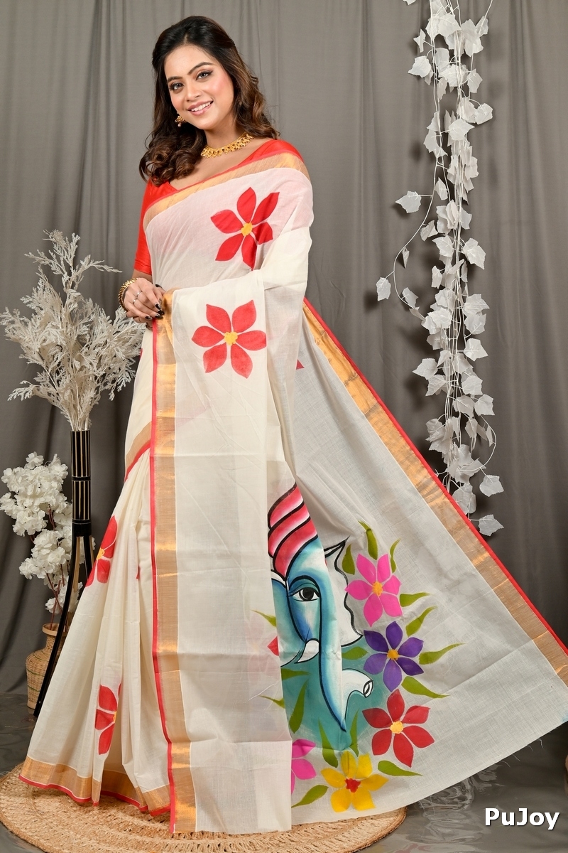 Multi-Coloured Pure Cotton Hataka Hand Painted Saree (9102)