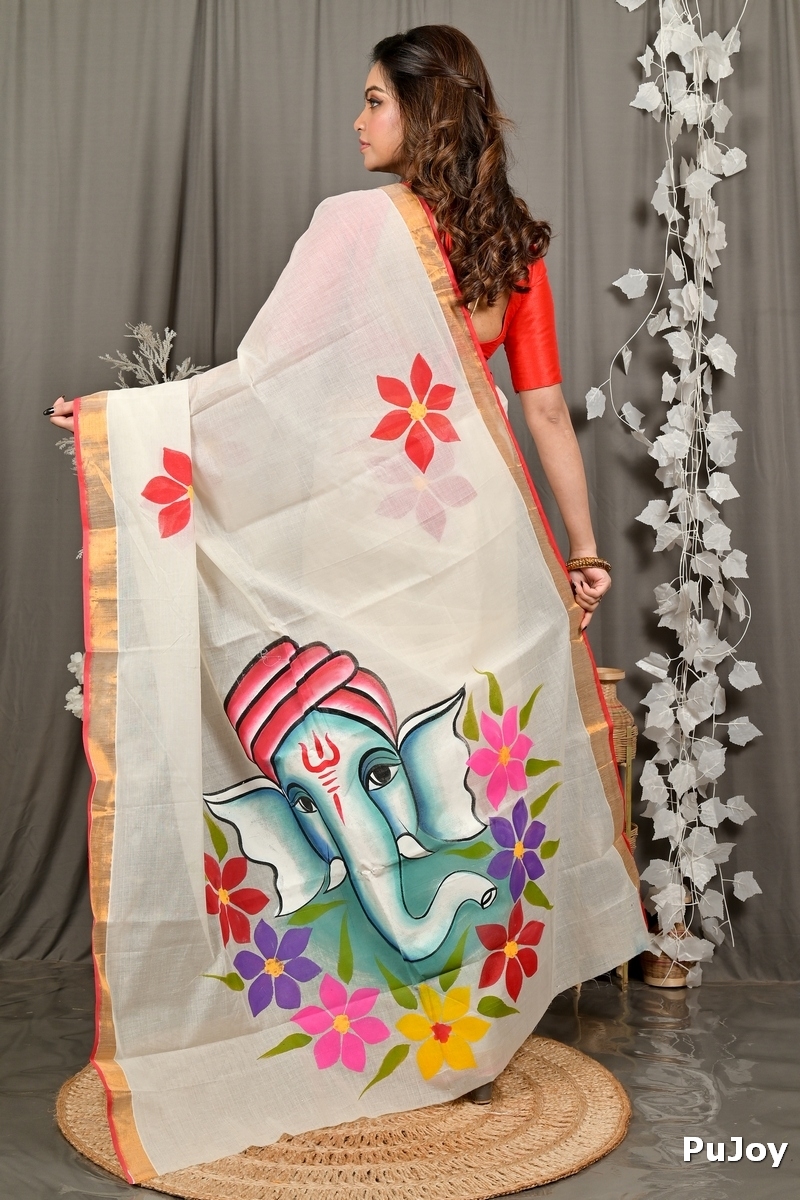 Multi-Coloured Pure Cotton Hataka Hand Painted Saree (9102)