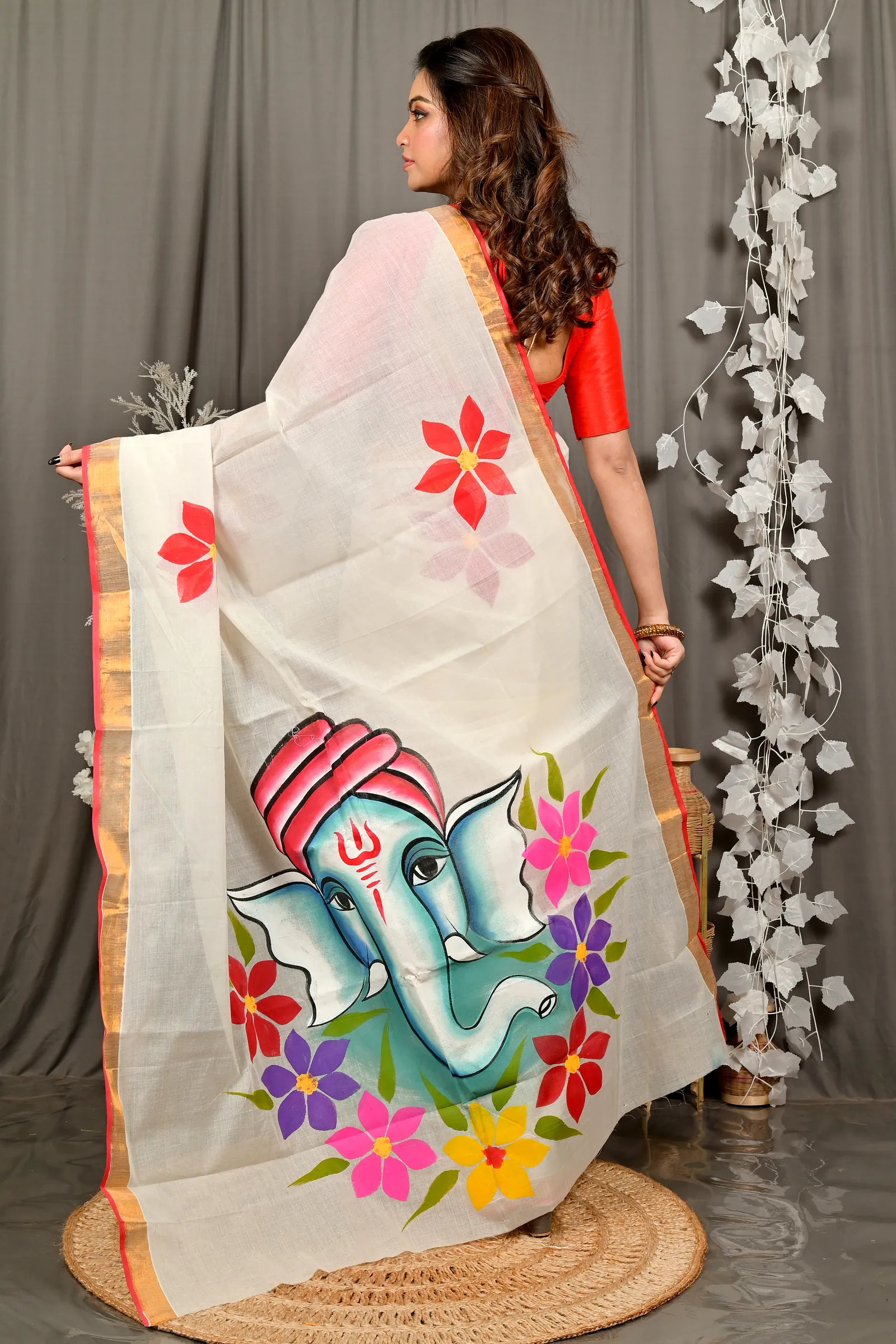 Multi-Coloured Pure Cotton Hataka Hand Painted Saree (9102)