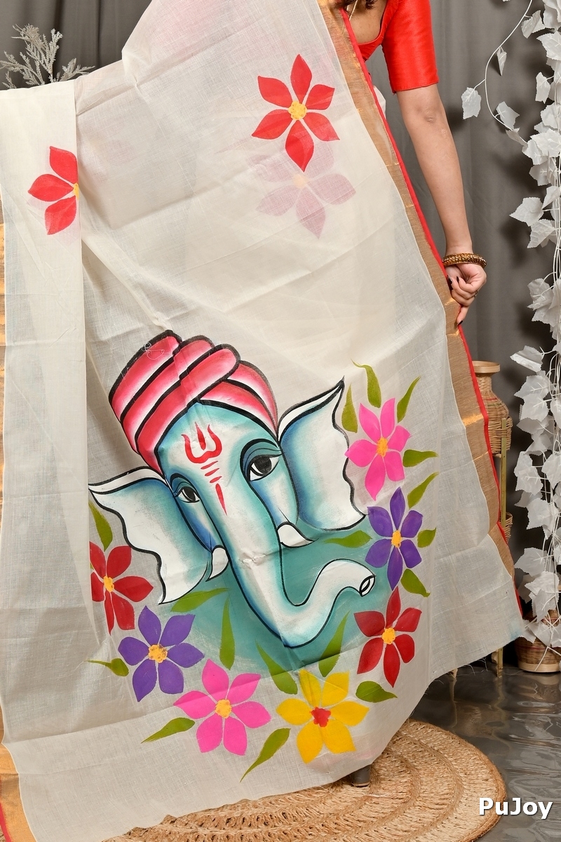 Multi-Coloured Pure Cotton Hataka Hand Painted Saree (9102)