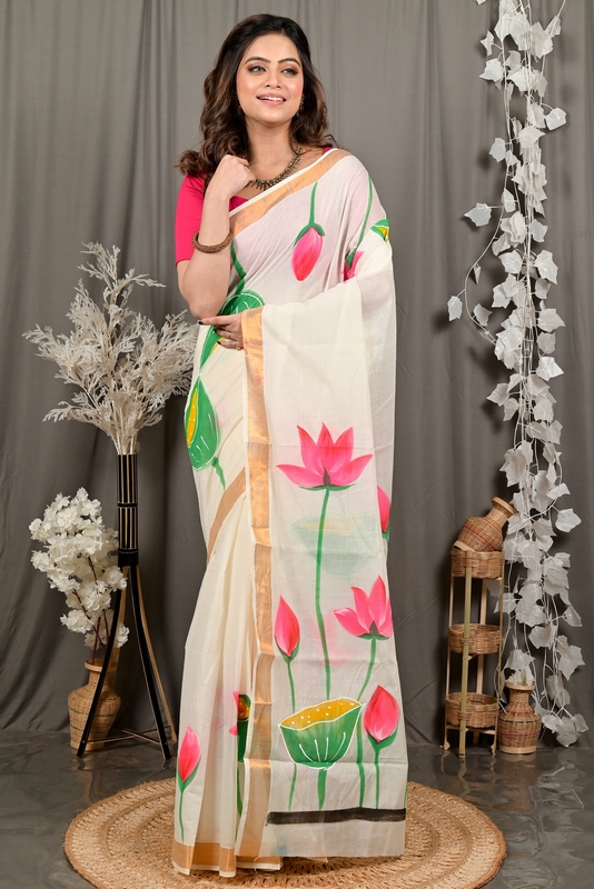 Multi-Coloured Pure Cotton Hataka Hand Painted Saree (9103)