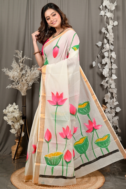 Multi-Coloured Pure Cotton Hataka Hand Painted Saree (9103)