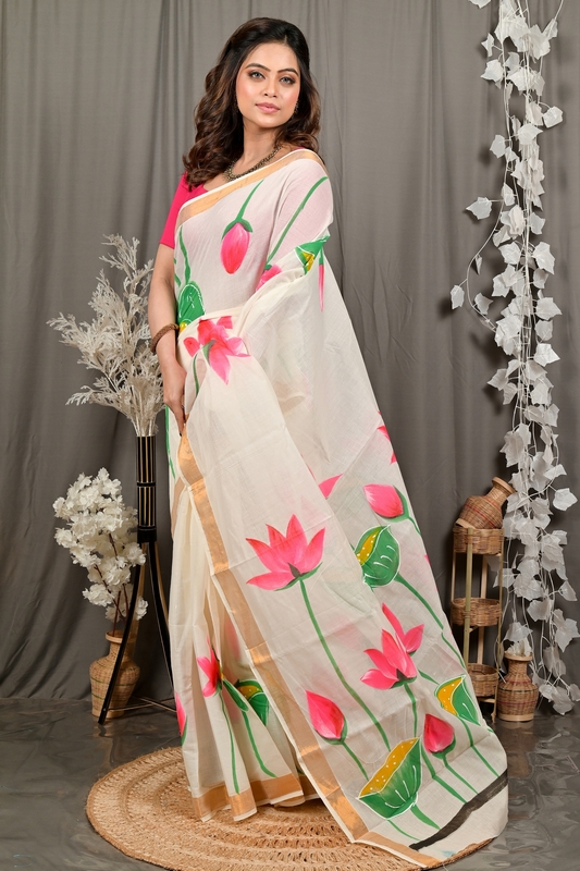 Multi-Coloured Pure Cotton Hataka Hand Painted Saree (9103)