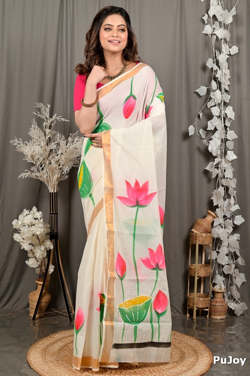 Multi-Coloured Pure Cotton Hataka Hand Painted Saree (9103)