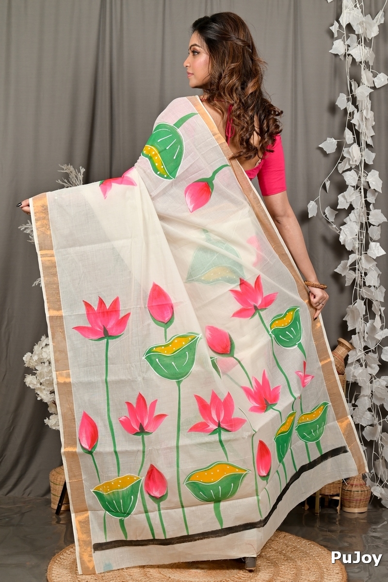 Multi-Coloured Pure Cotton Hataka Hand Painted Saree (9103)