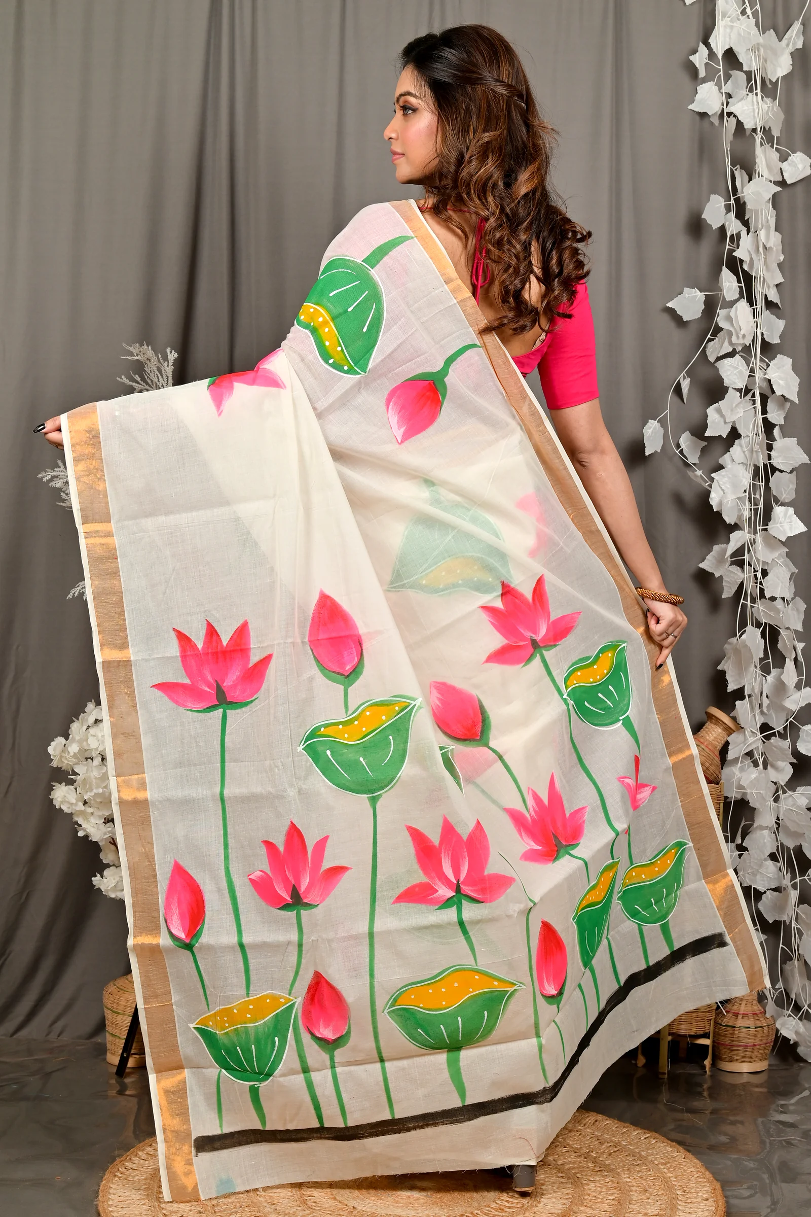 Multi-Coloured Pure Cotton Hataka Hand Painted Saree (9103)