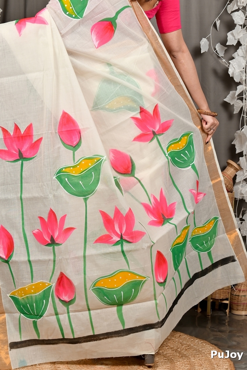 Multi-Coloured Pure Cotton Hataka Hand Painted Saree (9103)