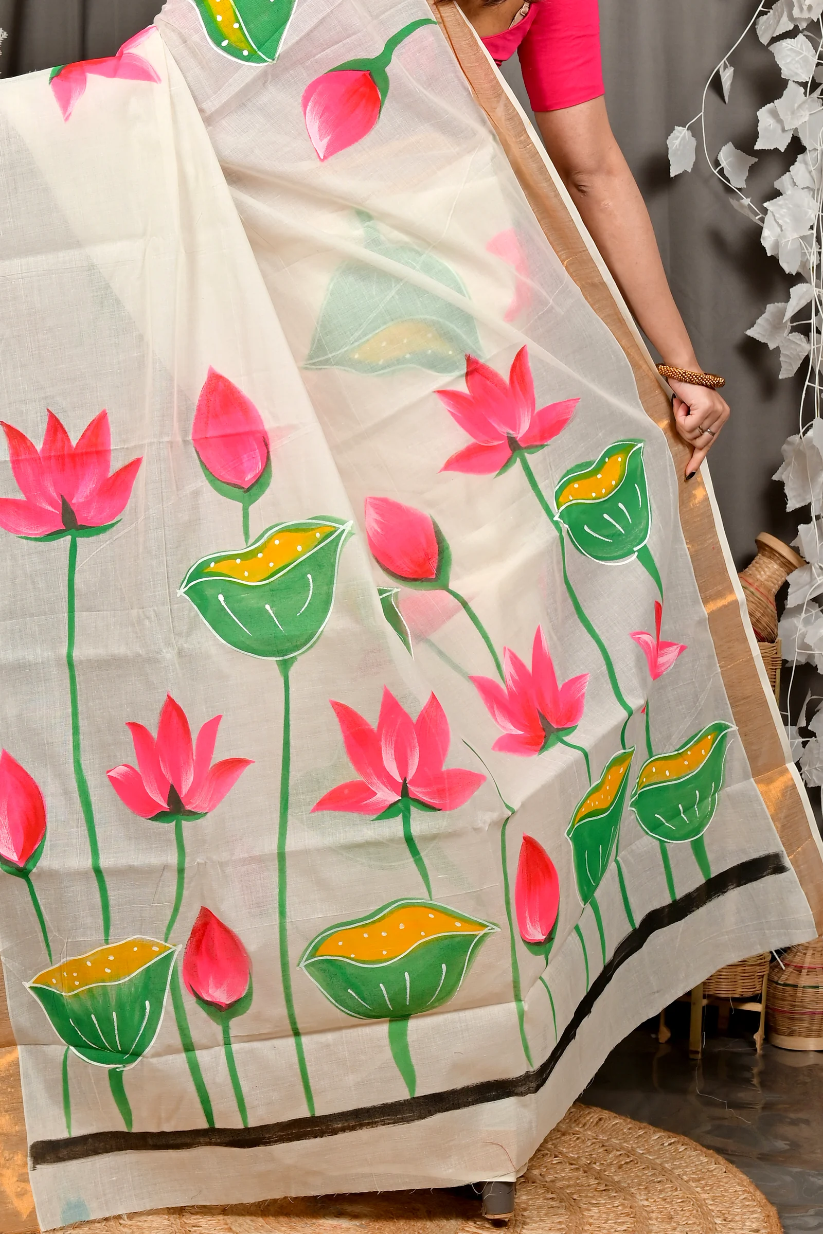 Multi-Coloured Pure Cotton Hataka Hand Painted Saree (9103)