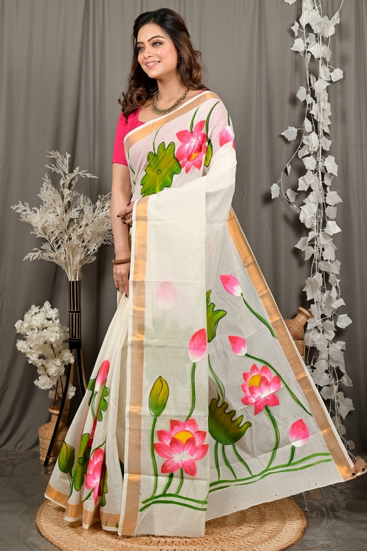 Multi-Coloured Pure Cotton Hataka Hand Painted Saree (9104)