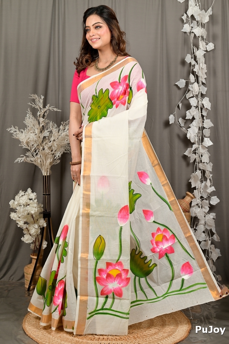 Multi-Coloured Pure Cotton Hataka Hand Painted Saree (9104)