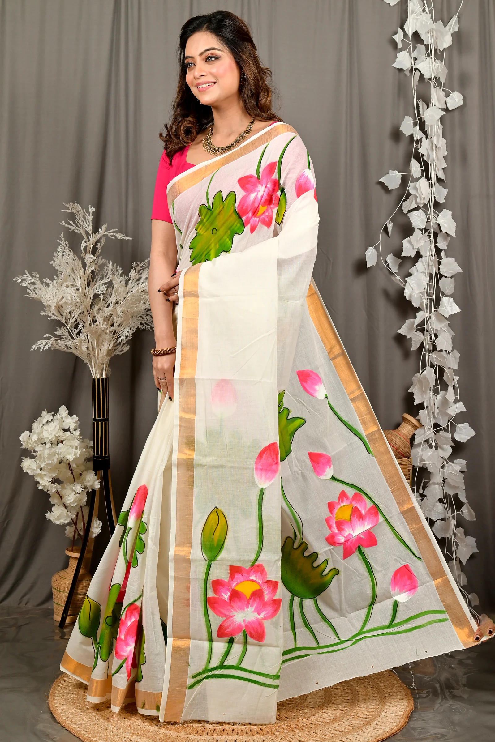 Multi-Coloured Pure Cotton Hataka Hand Painted Saree (9104)