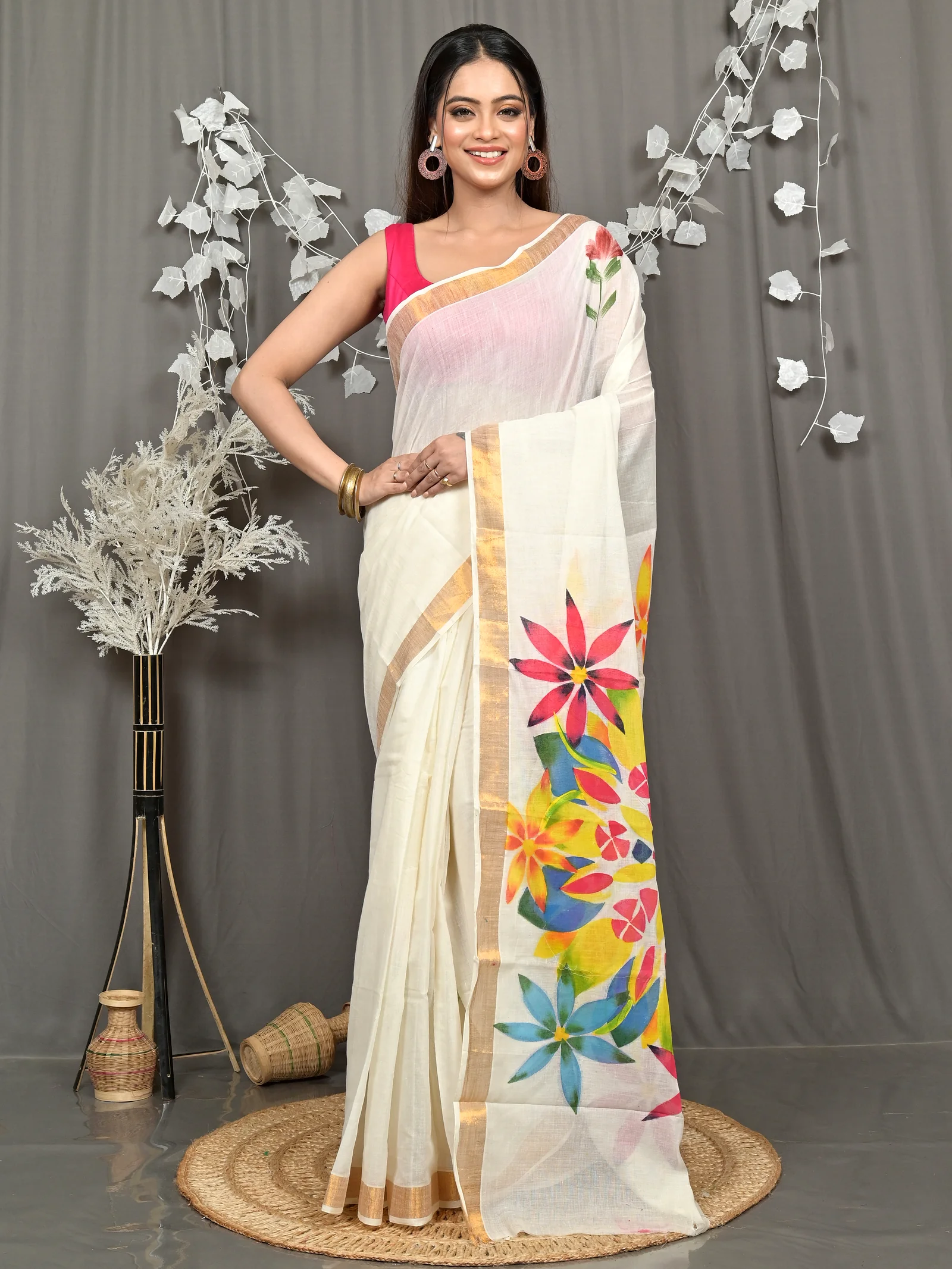 Multycolor Pure Cotton Hataka Hand Painted Saree (9106)