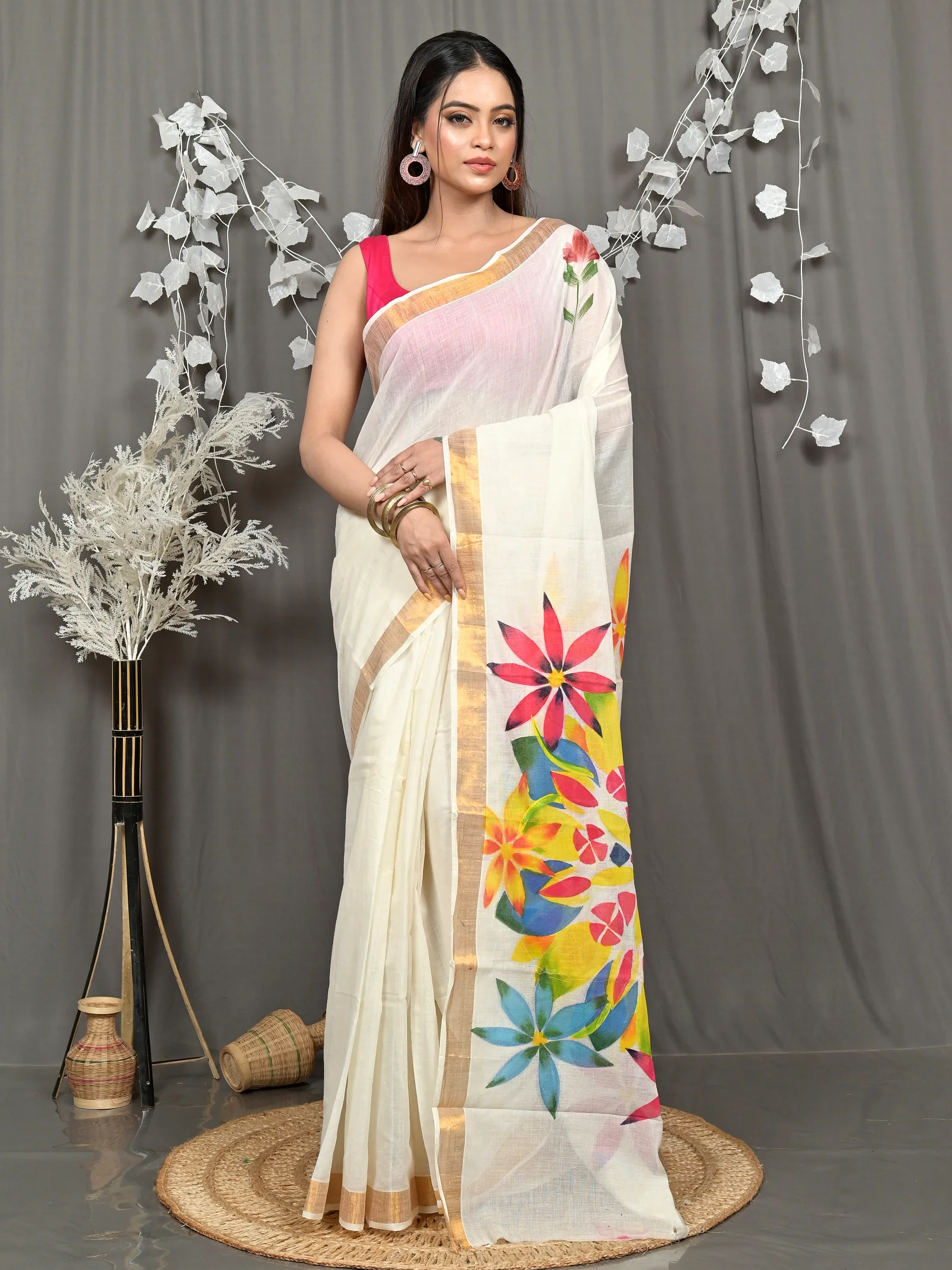 Multycolor Pure Cotton Hataka Hand Painted Saree (9106)