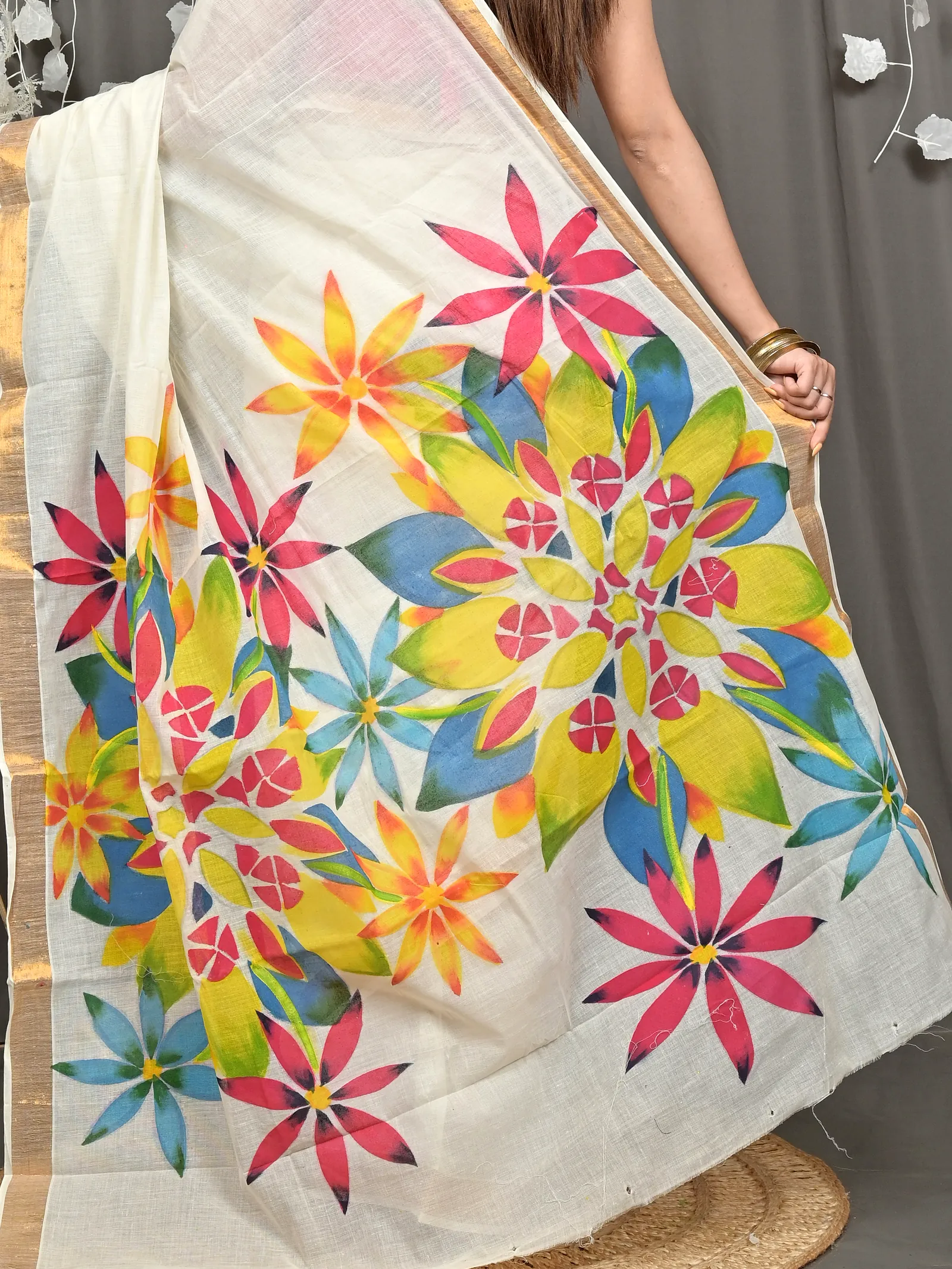 Multycolor Pure Cotton Hataka Hand Painted Saree (9106)