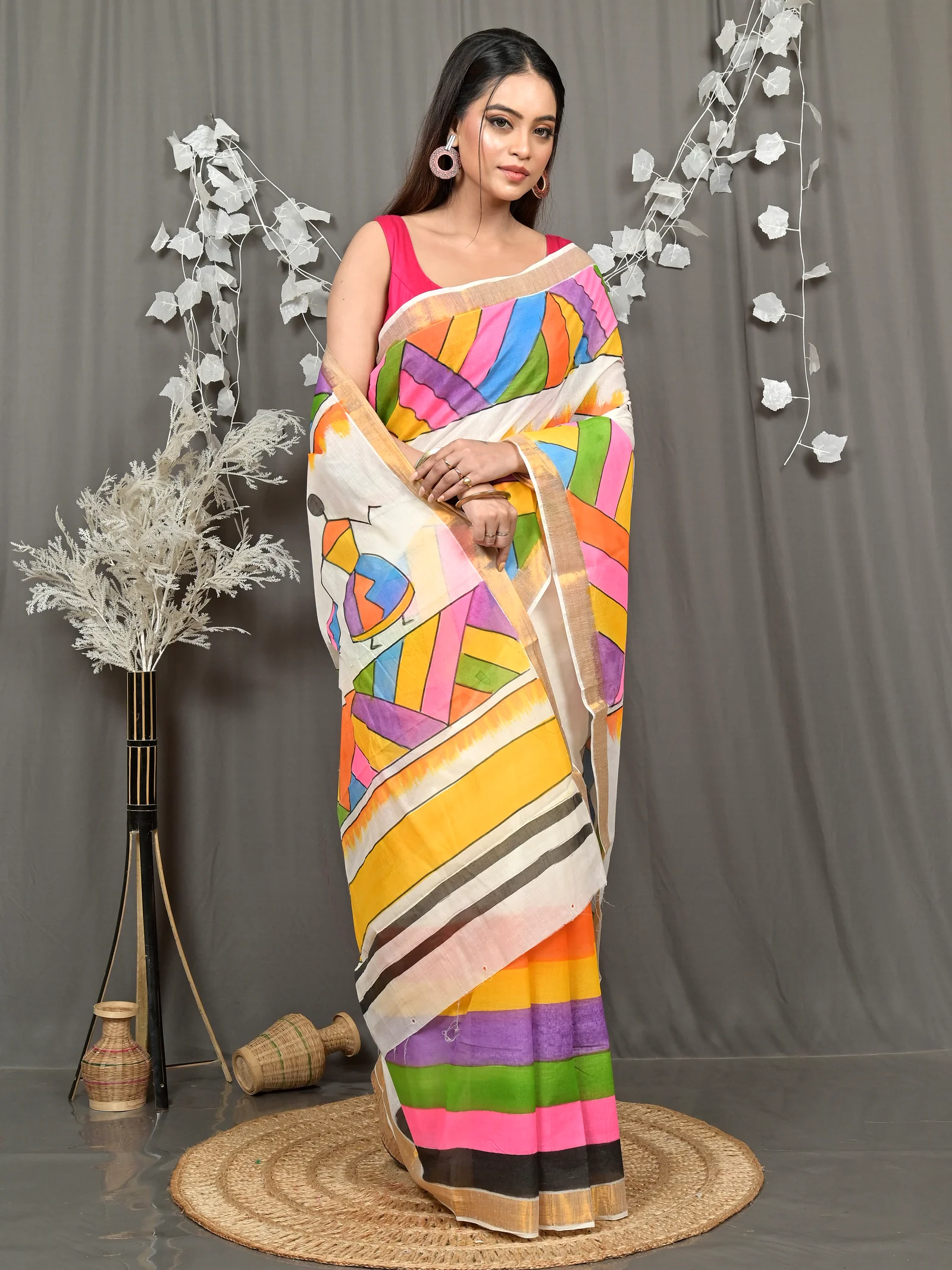Multycolor Pure Cotton Hataka Hand Painted Saree (9107)