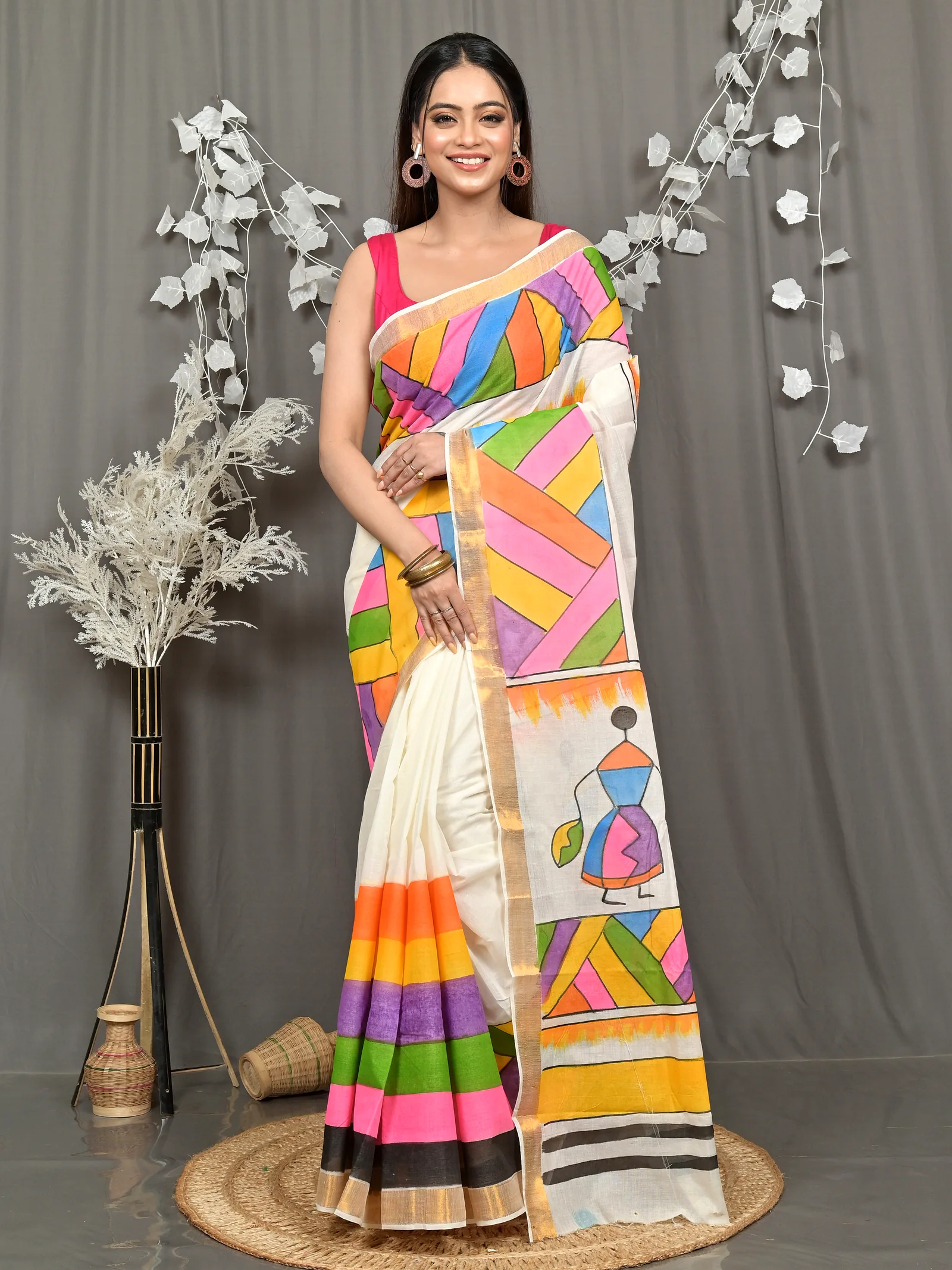 Multycolor Pure Cotton Hataka Hand Painted Saree (9107)