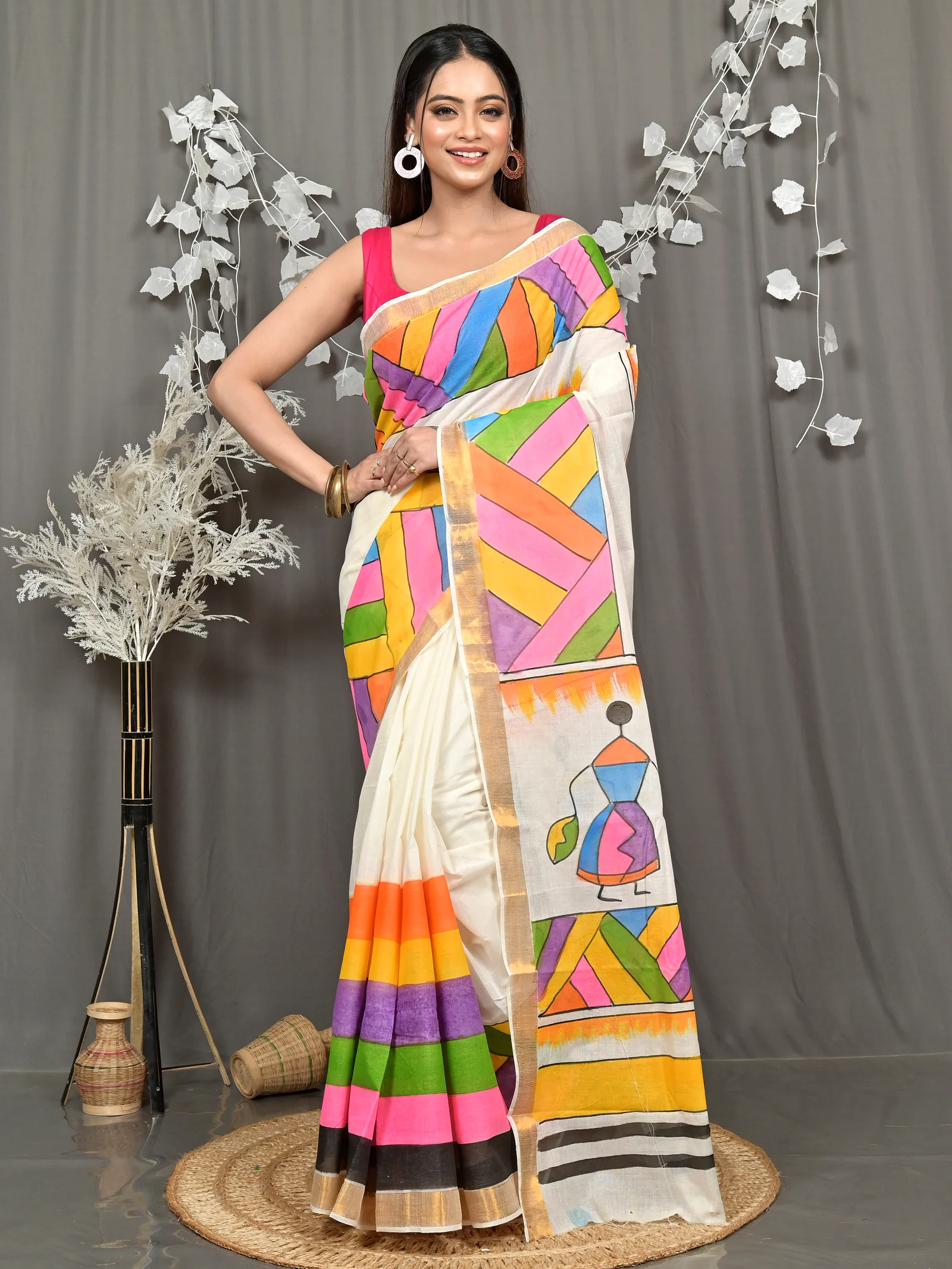 Multycolor Pure Cotton Hataka Hand Painted Saree (9107)