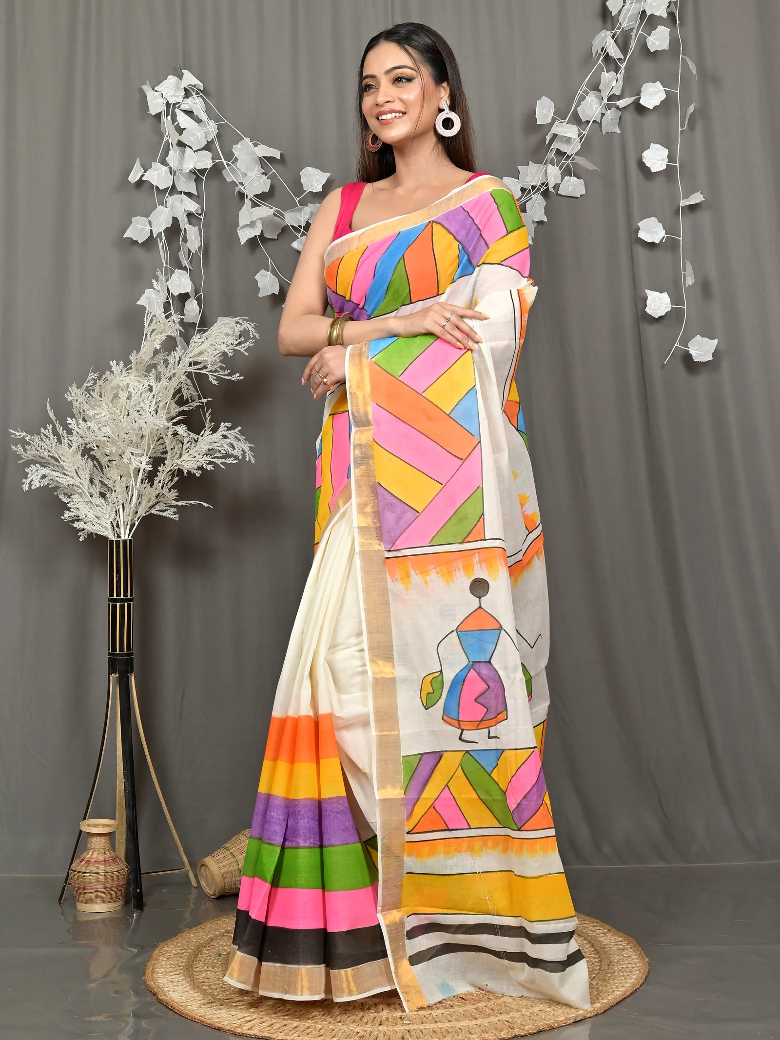 Multycolor Pure Cotton Hataka Hand Painted Saree (9107)