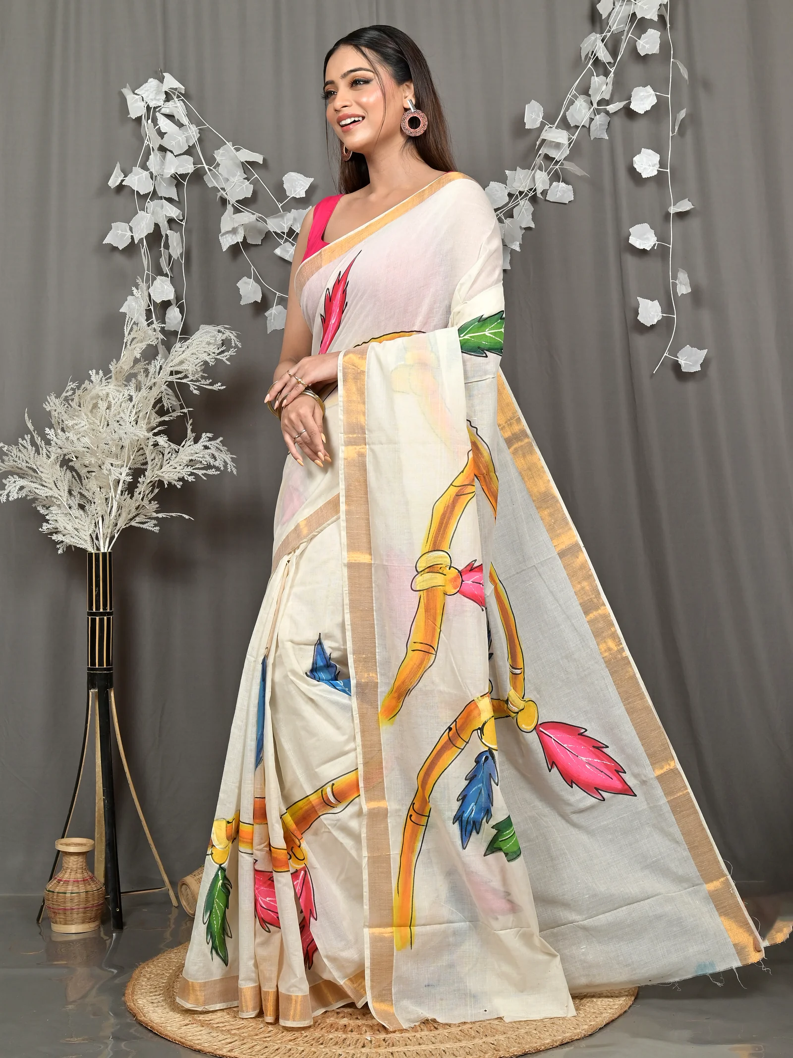 Multycolor Pure Cotton Hataka Hand Painted Saree (9108)