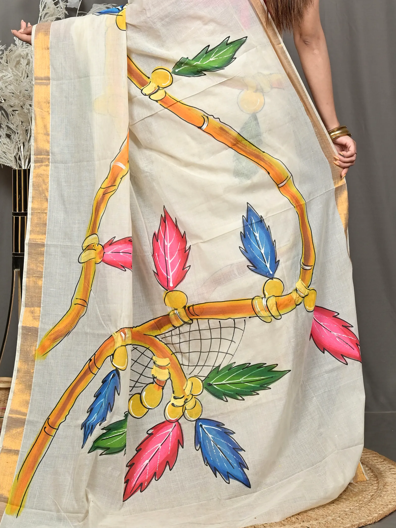 Multycolor Pure Cotton Hataka Hand Painted Saree (9108)