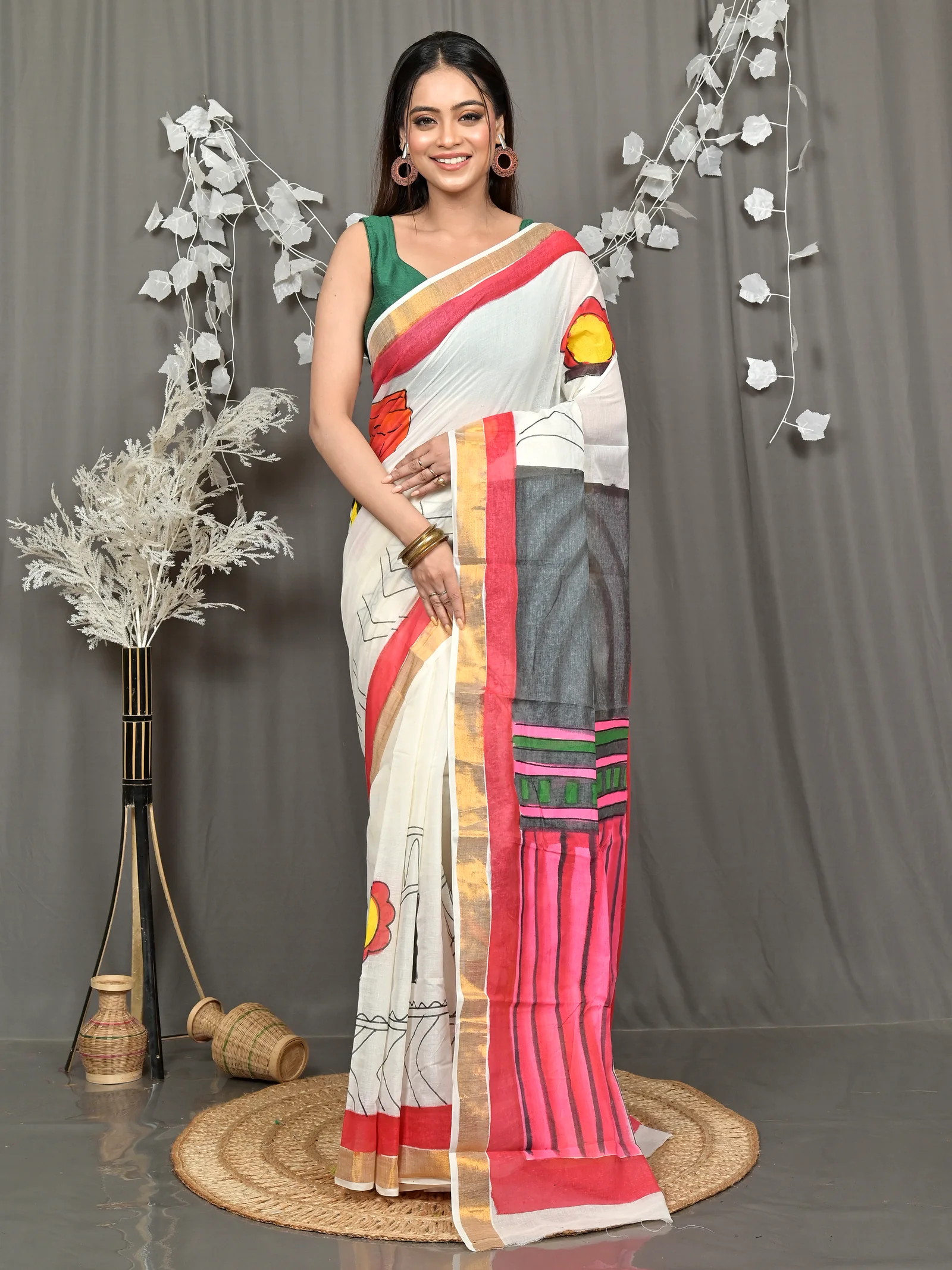 Multycolor Pure Cotton Hataka Hand Painted Saree (9109)