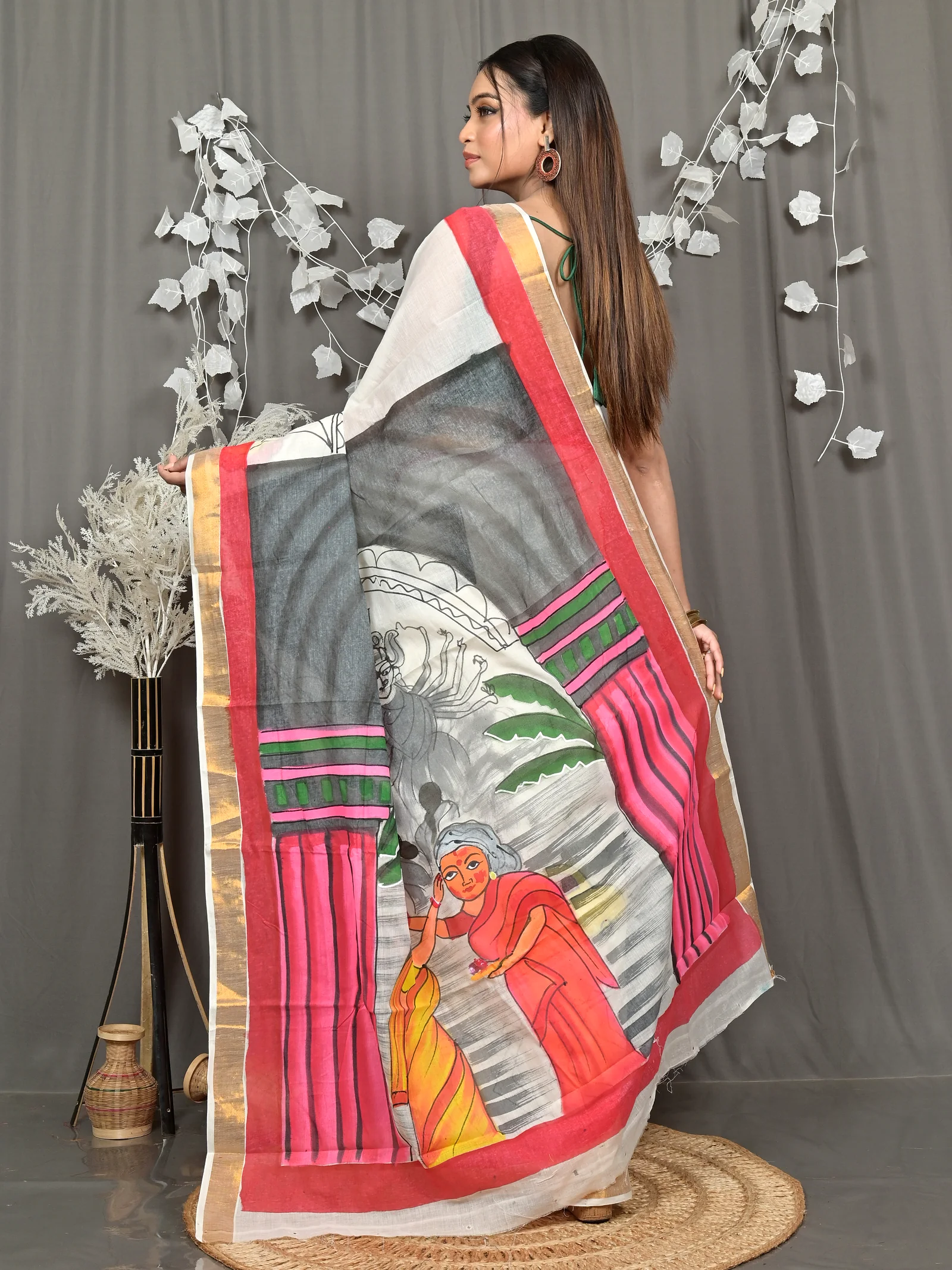 Multycolor Pure Cotton Hataka Hand Painted Saree (9109)