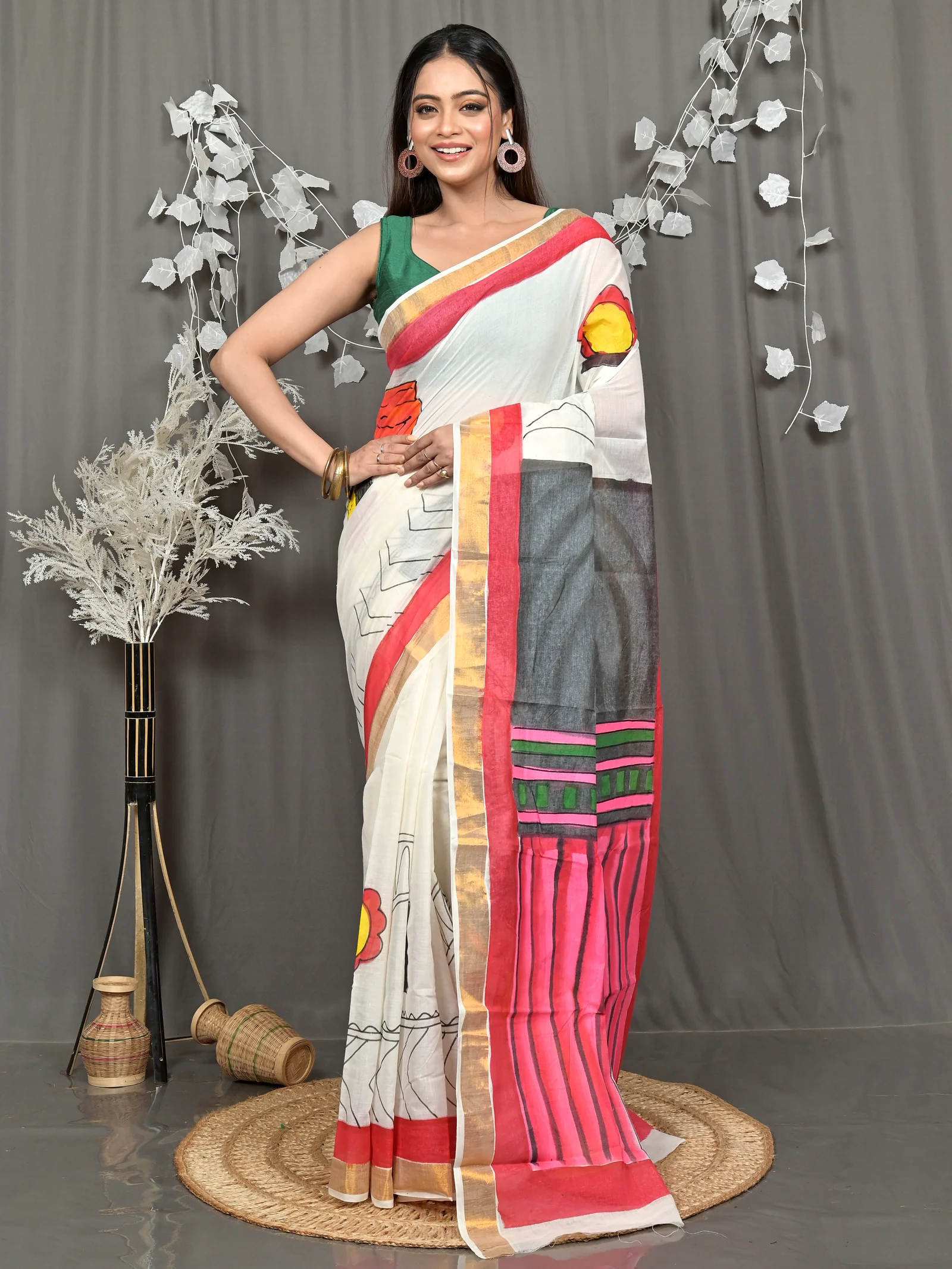 Multycolor Pure Cotton Hataka Hand Painted Saree (9109)