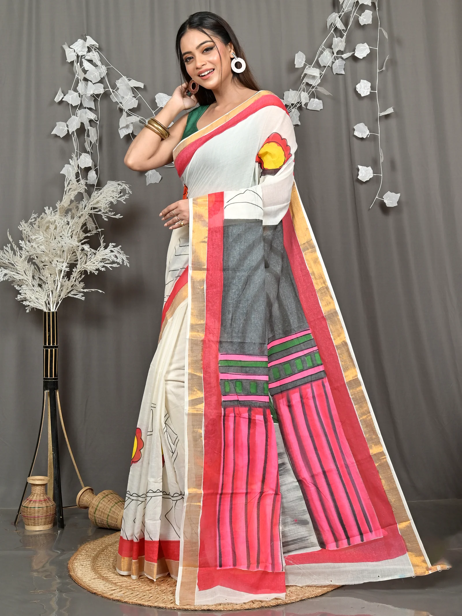 Multycolor Pure Cotton Hataka Hand Painted Saree (9109)
