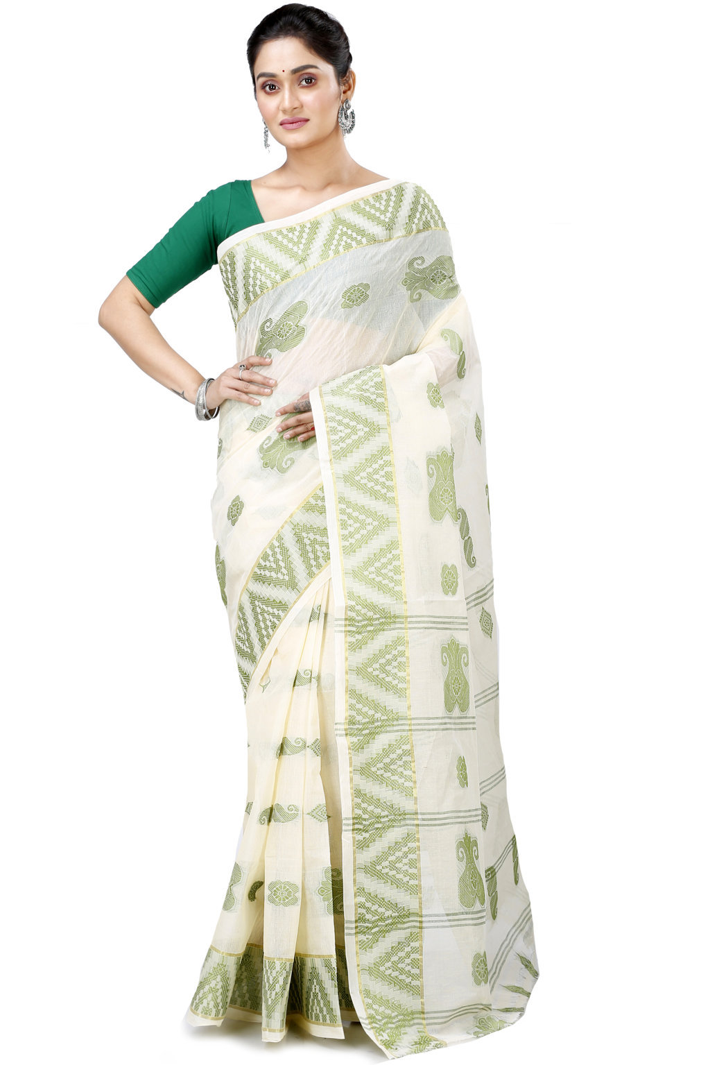 White Green Pure Cotton Gargi Tant Saree (911)