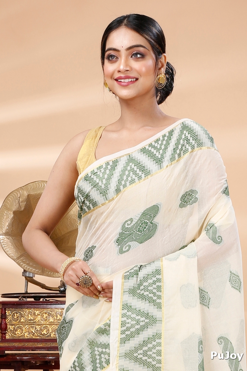 White Green Pure Cotton Gargi Tant Saree (911)