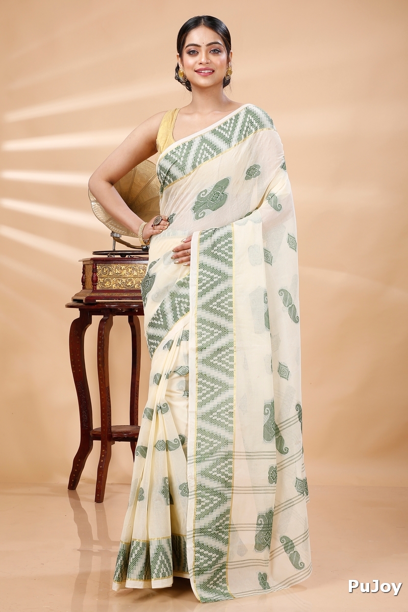 White Green Pure Cotton Gargi Tant Saree (911)