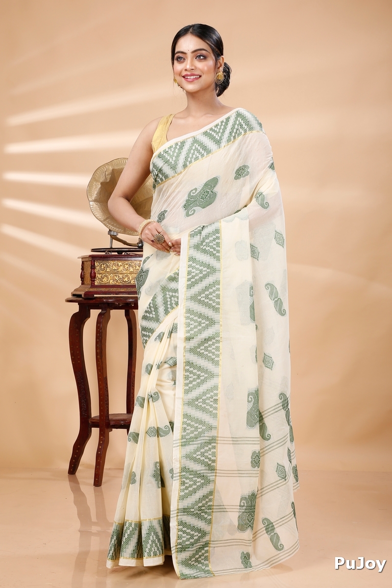 White Green Pure Cotton Gargi Tant Saree (911)