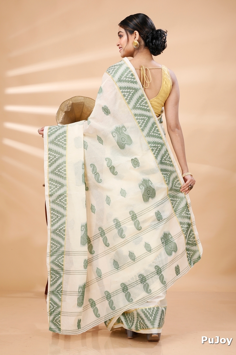 White Green Pure Cotton Gargi Tant Saree (911)